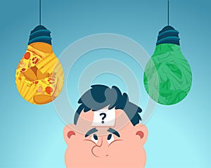 Vector of chubby man with question mark on forehead thinking looking up at junk food and green vegetables light bulbs