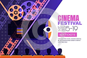 Vector cinema festival poster, banner background. Sale cinema theatre tickets, movie time and entertainment concept.