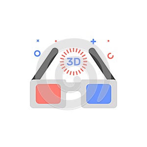 Vector cinema illustration of 3D glasses icon in flat linear style.
