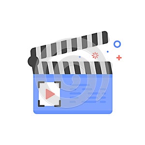 Vector cinema illustration of clapper board icon in flat linear style.