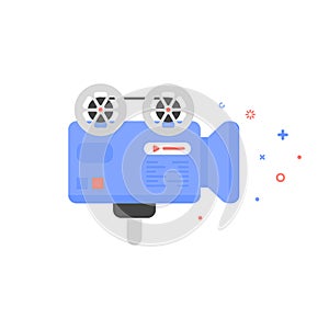 Vector cinema illustration of video camera icon in flat linear style.