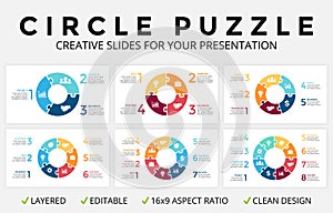 Vector circle arrows infographic, cycle diagram, puzzle jigsaw graph, 16x9 slide presentation pie chart. Business