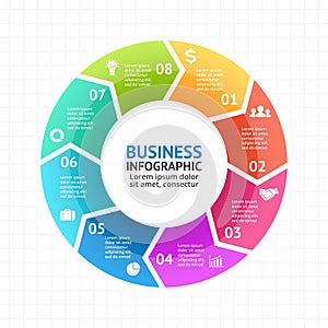 Vector circle arrows infographic, diagram, graph, presentation, chart. Business cycle concept with 8 options, parts