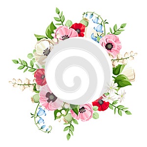 Vector circle card with red, pink, blue, and white flowers. Greeting or invitation card design