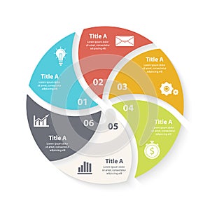 Vector circle chart infographic template for round cycle diagram, graph, web design. Business concept with 6 steps or options