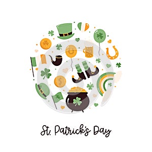 Vector circle composition for St. Patricks Day. Colorful design, ilustration for holiday banner