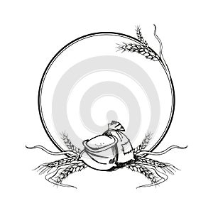 vector circle frame with ears of wheat and full textile bags of flour, hand drawn illustration of branches of wheat