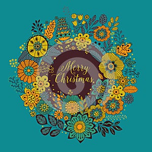 Vector circle frame, Merry Christmas wreath made of flowers.