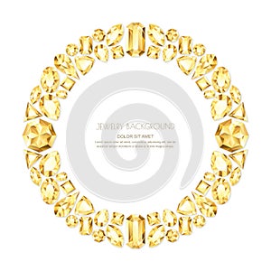 Vector circle frame from realistic golden gems and jewels on white background. Shiny diamonds jewelry design elements.