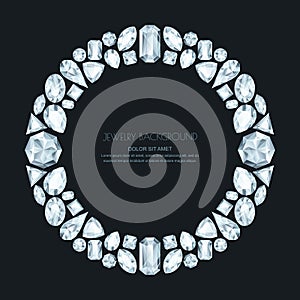 Vector circle frame from realistic silver gems and jewels on black background. Shiny diamonds jewelry design elements.