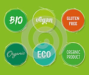 Vector circle healthy food sign labels set