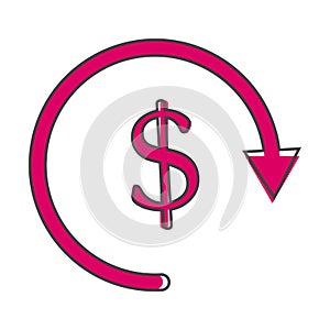 Vector circle icon with arrow and dollar sign. Currency exchange symbol cartoon style on white isolated background