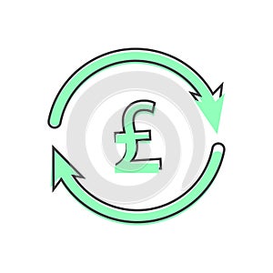 Vector circle icon with arrow and pound sign. Currency exchange symbol cartoon style on white isolated background