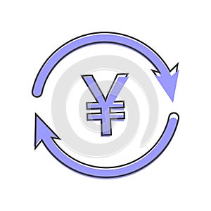 Vector circle icon with arrow and yen sign. Currency exchange symbol cartoon style on white isolated background