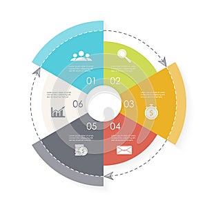Vector circle infographic template with arrow for cycle diagram, graph, web design and charts. Business concept with 6 steps