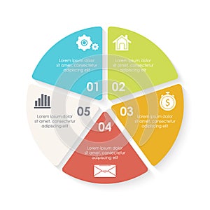 Vector circle infographic template for round diagram, graph, web design. Business concept with 5 steps, options or processes.