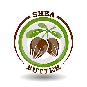 Vector circle logo Shea butter with green leaves branch and brown nuts symbol in round pictogram for organic cosmetics sign