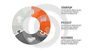 Vector circle puzzle infographic, cycle diagram, graph, presentation chart. Business concept with 3 options, parts