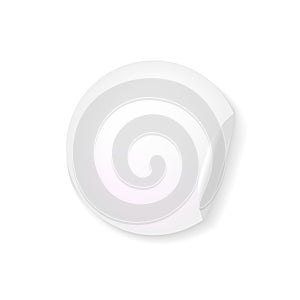 Vector circle shape white sticker isolated on white background, adhesive paper, round shape with a folded corner.