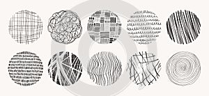 Vector circle textures made with ink, pencil, brush. Geometric doodle shapes of spots, dots, circles, strokes, stripes