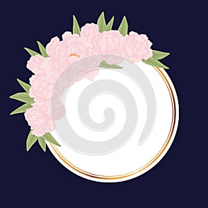 Vector circlet banner with hand drawn illustration of pink peonies with leaves and gold round border on classic blue background
