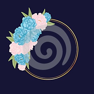 Vector circlet frame with hand drawn illustration of blue and pink peonies with leaves and gold round border on classic blue backg