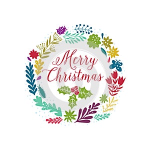 Vector circular floral wreaths with Merry Christmas greetings. Vector handdrawn sketch of wreath with flowers. Merry Christmas des