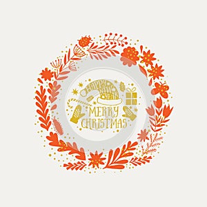 Vector circular floral wreaths with Merry Christmas greetings. Vector handdrawn sketch of wreath with flowers. Merry Christmas des