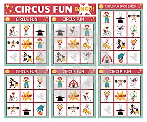 Vector circus bingo cards set. Fun family lotto board game with cute clown, marquee, stage performers for kids. Amusement show