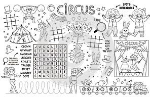 Vector circus placemat for kids. Amusement show printable activity mat with maze, tic tac toe charts, connect the dots, find