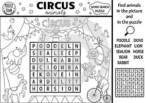 Vector circus wordsearch puzzle for kids. Simple black and white amusement crossword with funny animal performers on the stage.