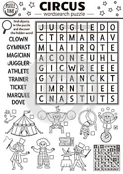 Vector circus wordsearch puzzle for kids. Simple black and white amusement crossword with funny performers for children. Line
