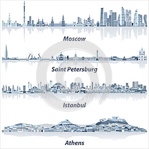 Vector cities skylines of Moscow, Saint Petersburg, Istanbul and Athens in soft blue color palette