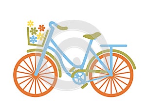 Vector city bicycle with flowers in basket isolated white background for design or postcard. Vector bike in romantic summer tender