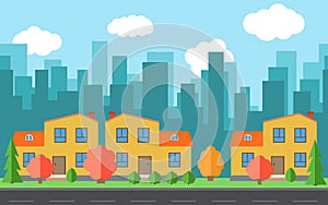 Vector city with cartoon houses and buildings. City space with road on flat style background concept