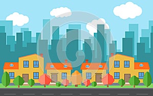 Vector city with four cartoon houses and buildings. City space with road on flat style