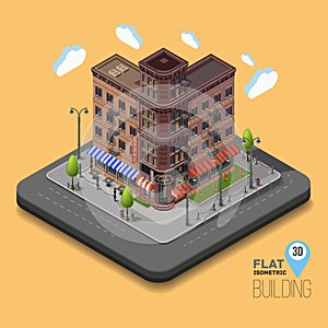 Vector city with isometric old buildings and cafes