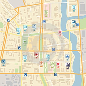 Vector city map with pin location pointers