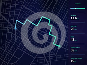 Vector city map with route and data interface for gps navigation and tracker app
