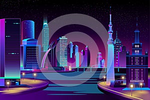 Vector city, megapolis on river at night.