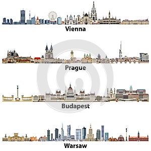 Vector city skylines of Vienna, Prague, Budapest and Warsaw