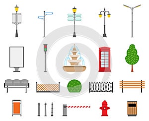Vektor město ulice a venkovní prvky ikony sada 