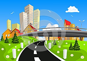 Vector city surrounded by nature landscape with bridge