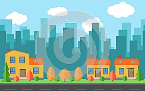 Vector city with three cartoon houses and buildings