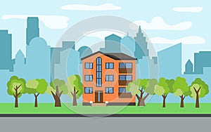 Vector city with three-story cartoon house and green trees in the sunny day