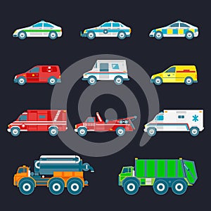 Vector city transport set in flat style. Different municipal, special and emergency services trucks icons collection.