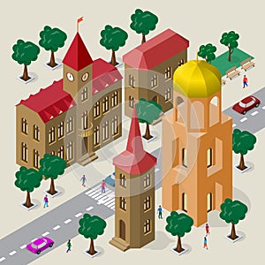 Vector cityscape in European architectural style. Set of isometric buildings, city hall, church, roadway, benches, trees, cars and