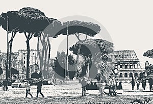 Vector cityscape of Rome street with pines and ruins of the Colosseum