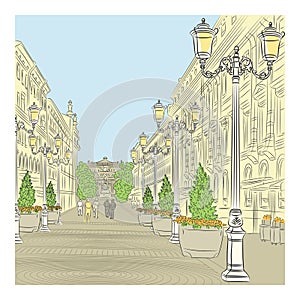 Vector Cityscape, the wide avenue with vintage bui photo