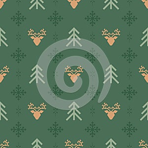 Vector classic christmas seamless pattern with stylized reindeer heads, spruces and snowflakes